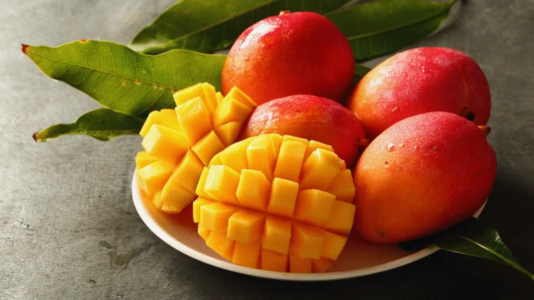 Sliced mango neatly arranged on a plate.